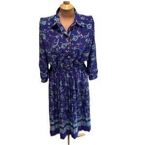 Vintage Lady Carol Petites‎ Dress Purple Floral 80s Secretary Pleated MIDI